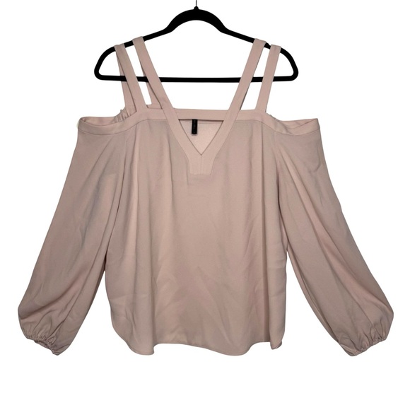 BCBGMAXAZRIA Tina Bare Pink Woven Exposed Shoulder Subtle balloon sleeve top Lg - Picture 2 of 9